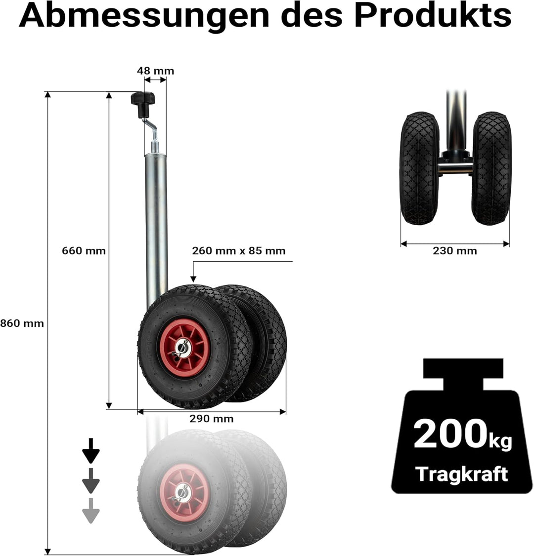 Wiltec Doppelstützrad bis 200 kg, Anhängerstütze mit aufblasbaren Reifen, Stützlast Bugrad ausziehba