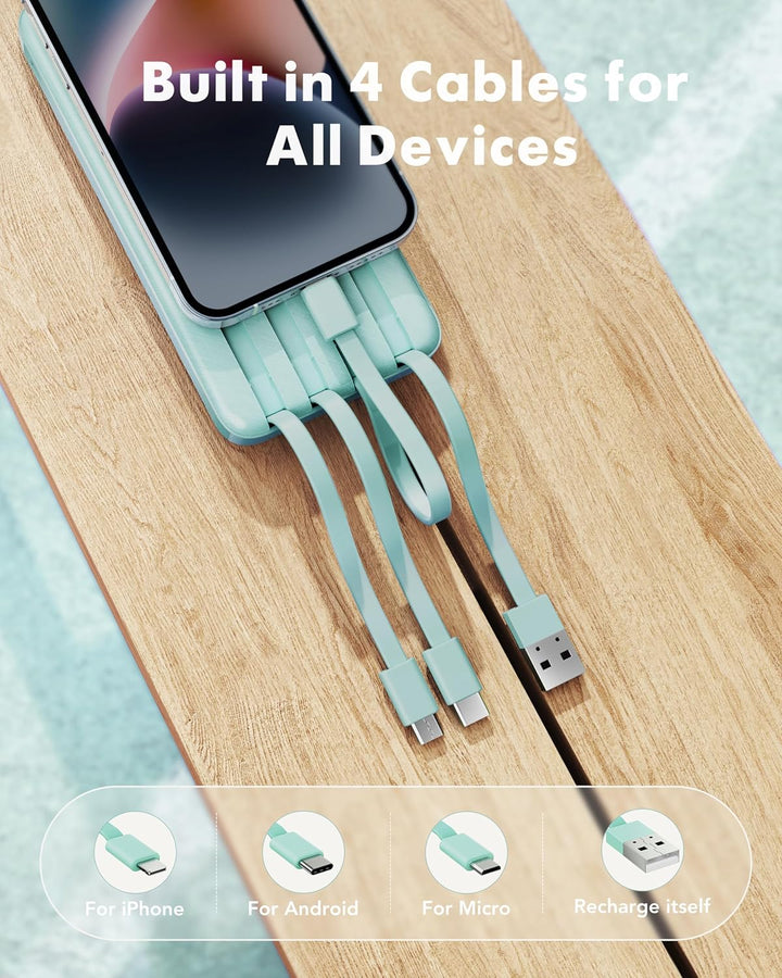 Charmast Externer Akku, 10.000 mAh, mit 4 integrierten Kabeln, tragbarer Akku, USB C, dünn, Power Ba