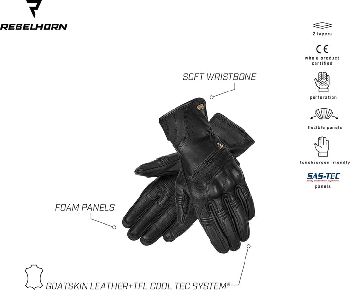 REBELHORN Runner TFL Perforiertes Ziegenleder Motorradhandschuhe Schaumstoffplatten Belüftung Touchs