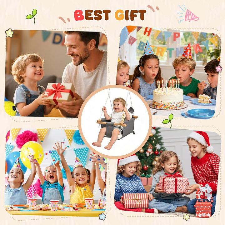Babyschaukel aus Holz Kinder Schaukel Indoor mit Sicherheitsgurt Sicherheitsschnalle und Kissen, Kin