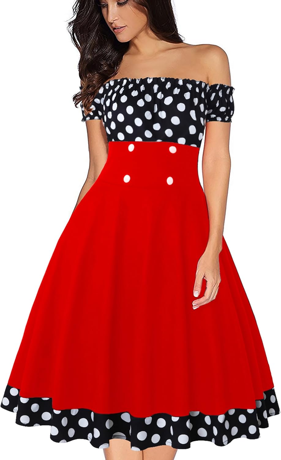AXOE Damen Schulterfrei Kleid 50er Jahre Cocktailkleid mit Kurz Ärmel XS Rot/Schwarz, XS Rot/Schwarz