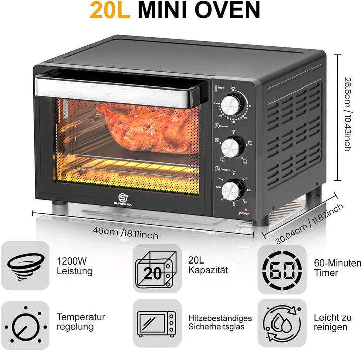 SUPERLEX Mini Backofen 21L Mit Umluft 1200W Ofen Klein 70°C-230°C Tischbackofen 6 Heizmodi 60 Min Ti