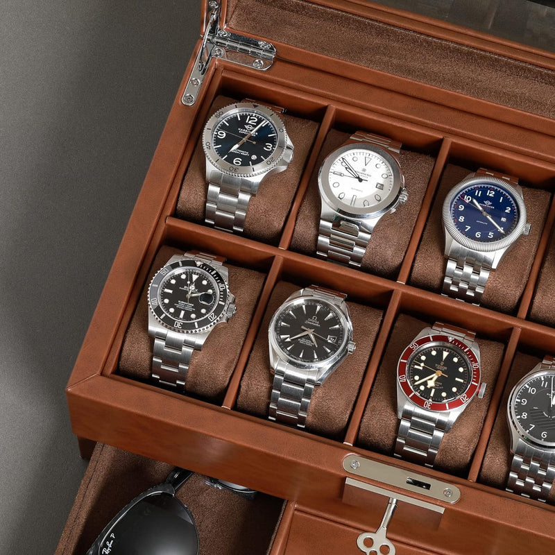 ROTHWELL Leder-Uhrenbox mit 10 Fächern, Luxus-Uhrenetui, Display-Organizer, abschliessbarer Schmuck-