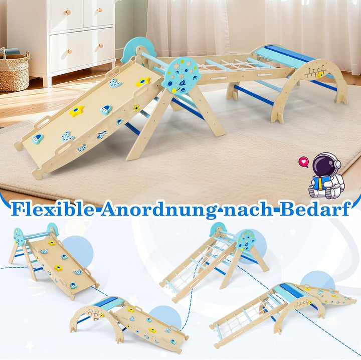 COSTWAY Klettergerüst Indoor 4er Set, klappabres Kletterdreieck mit Rutsche, Kletterbogen, Netz, ink