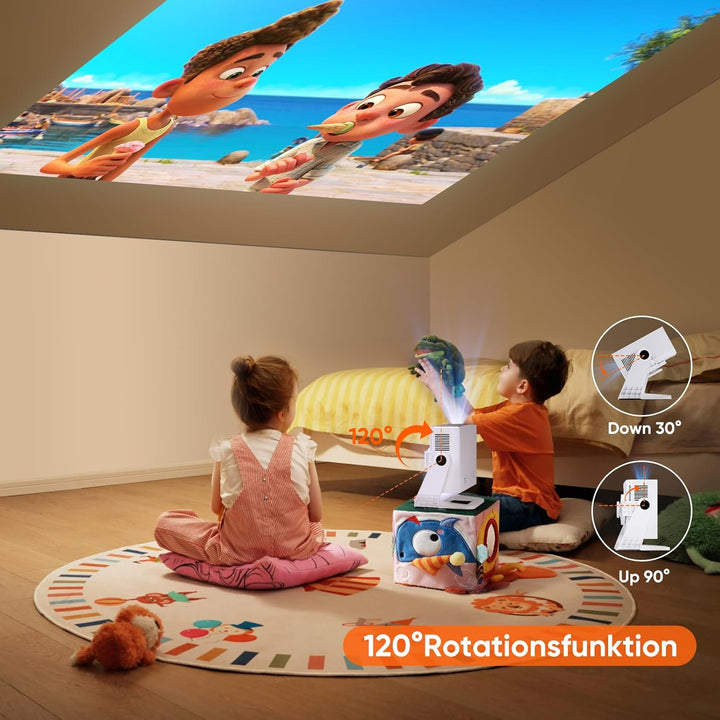 Smart Beamer Full HD 1080P mit 4K Unterstützung, Android 11, 28000 Lumens Helligkeit, 120° Verstellb