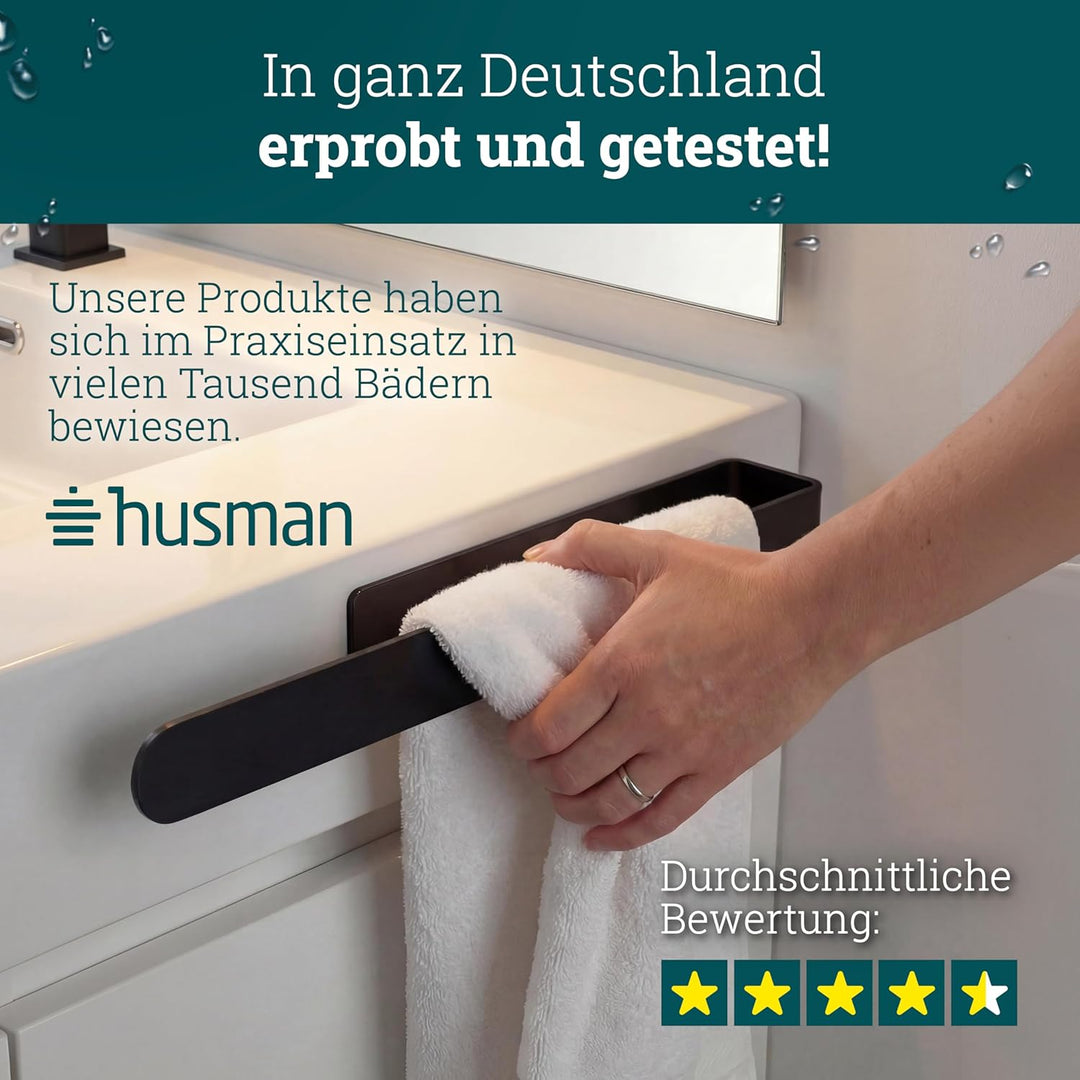 husman® Handtuchhalter ohne Bohren | Edelstahl Matt Schwarz 37 cm | Handtuchstange zum Kleben für Ba