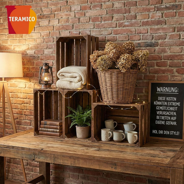 Teramico Vintage Holzkisten 40 x 30 x 25cm geflammt | Weinkisten &amp; Obstkisten | Set-Angebote (6er Se
