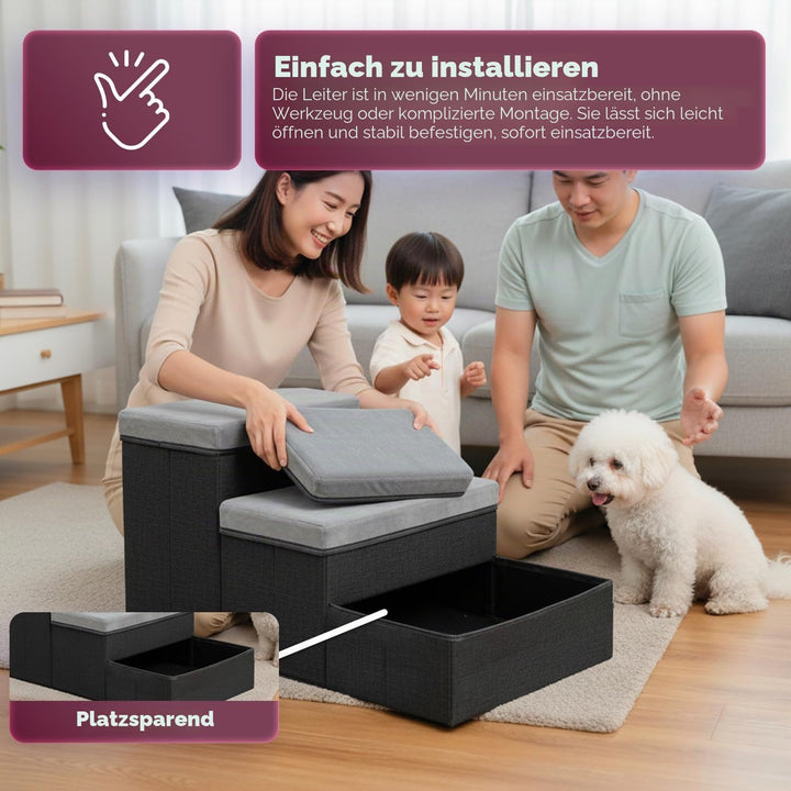 Wintem - Haustiertreppe – 3 gepolsterte und Faltbare Stufen mit Behälter