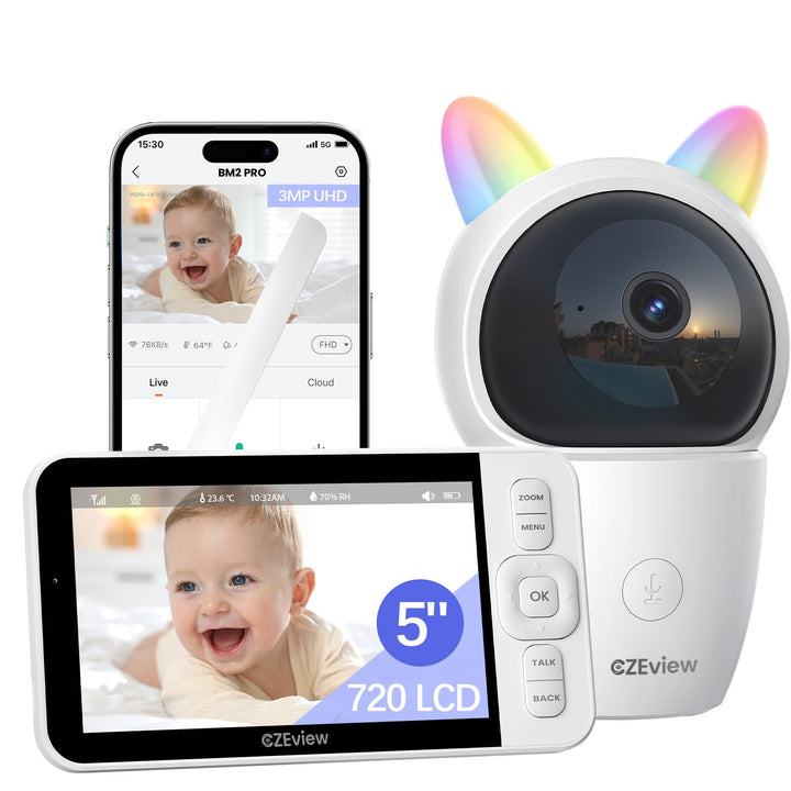 CZEview Babyphone mit Kamera, 2K/5,0" HD WLAN Video Babyfon mit App, 360°, 4× Zoom, Nachtsicht, Auto