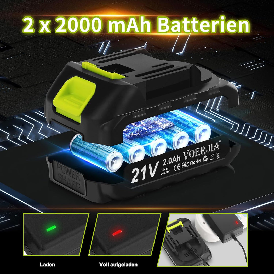 21V Akkuschrauber Set, Bürstenlose Akku bohrhammer mit 2*2000 mAh Akku, 3/8" Bohrfutter, 20+3 Drehmo