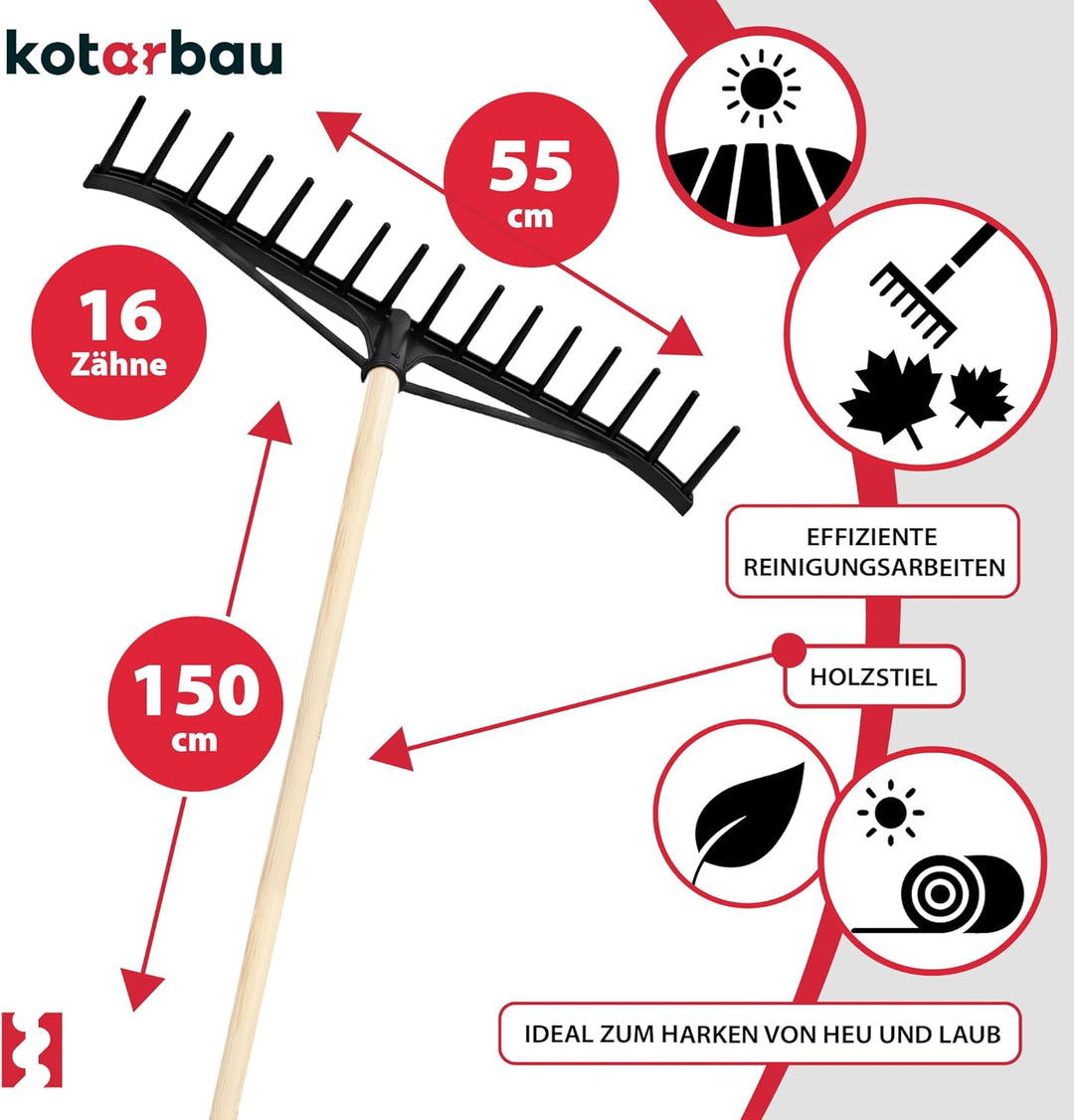 KOTARBAU® Heurechen - 55 cm - mit Holzstiel 1,52 m - Laubrechen Kunststoff - Rechen für Garten - Lau