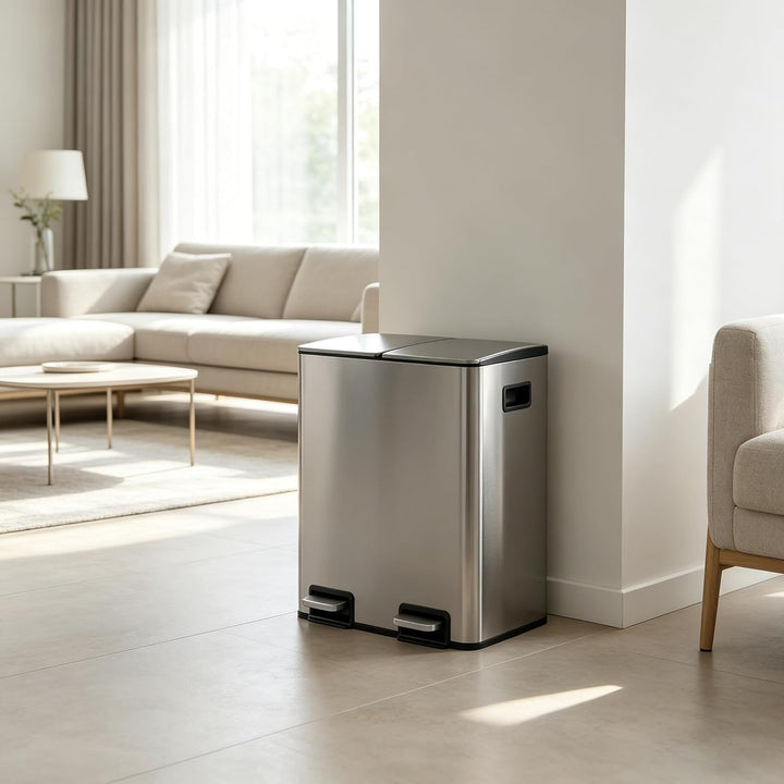 Mülleimer Küche 2 x 19 L(38L), Edelstahl Treteimer mit Deckel, Mülltrennsystem 2 Fächer, Abfalleimer