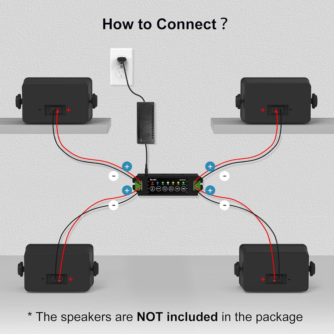 Herdio 4-Kanal-Verstärker Bluetooth 5.0 Amp Receiver 200W Ausgangsleistung mit 24V5A AC-DC Netzteil