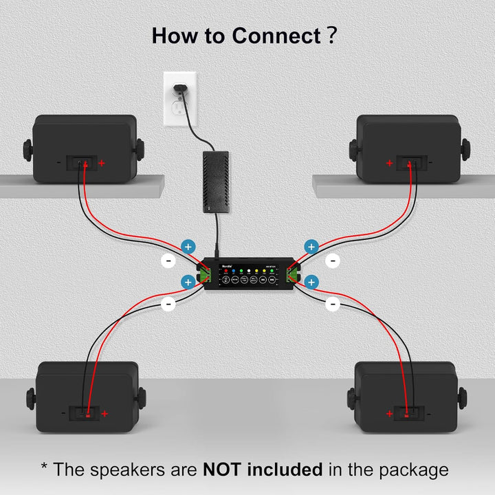 Herdio 4-Kanal-Verstärker Bluetooth 5.0 Amp Receiver 200W Ausgangsleistung mit 24V5A AC-DC Netzteil
