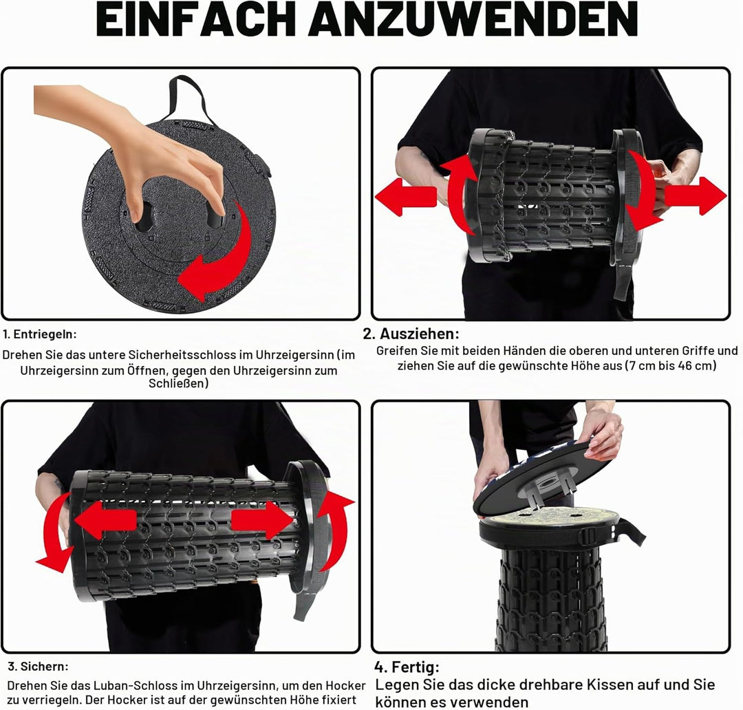 ALEVMOOM Tragbarer Klapphocker mit Kissen,Campinghocker,Teleskop-Hocker,Tragbar und Lighgewicht max
