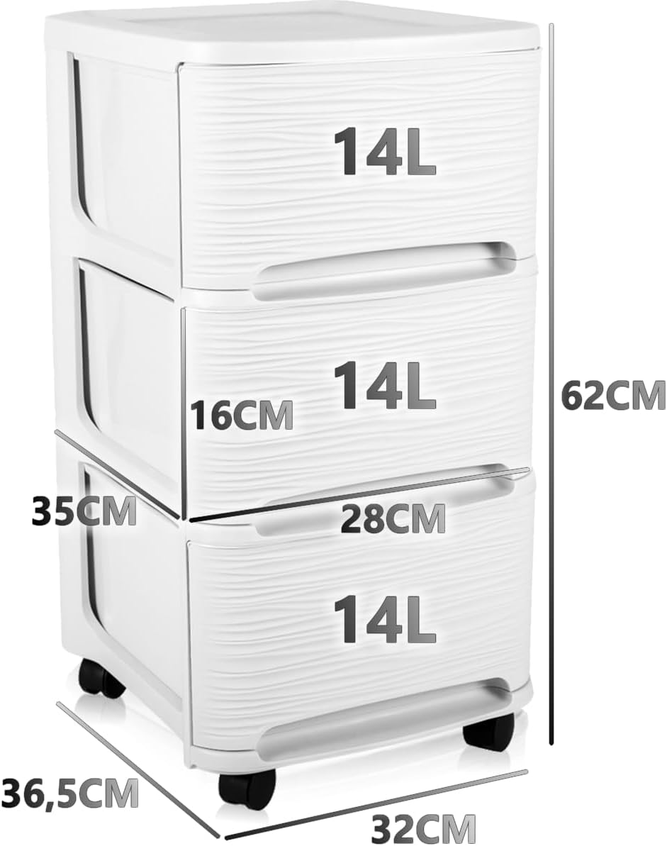 Schubladenschrank mit Rollen Rollcontainer mit 3 Schubladen Rollschrank Kunststoff Rollwagen (Weiss)