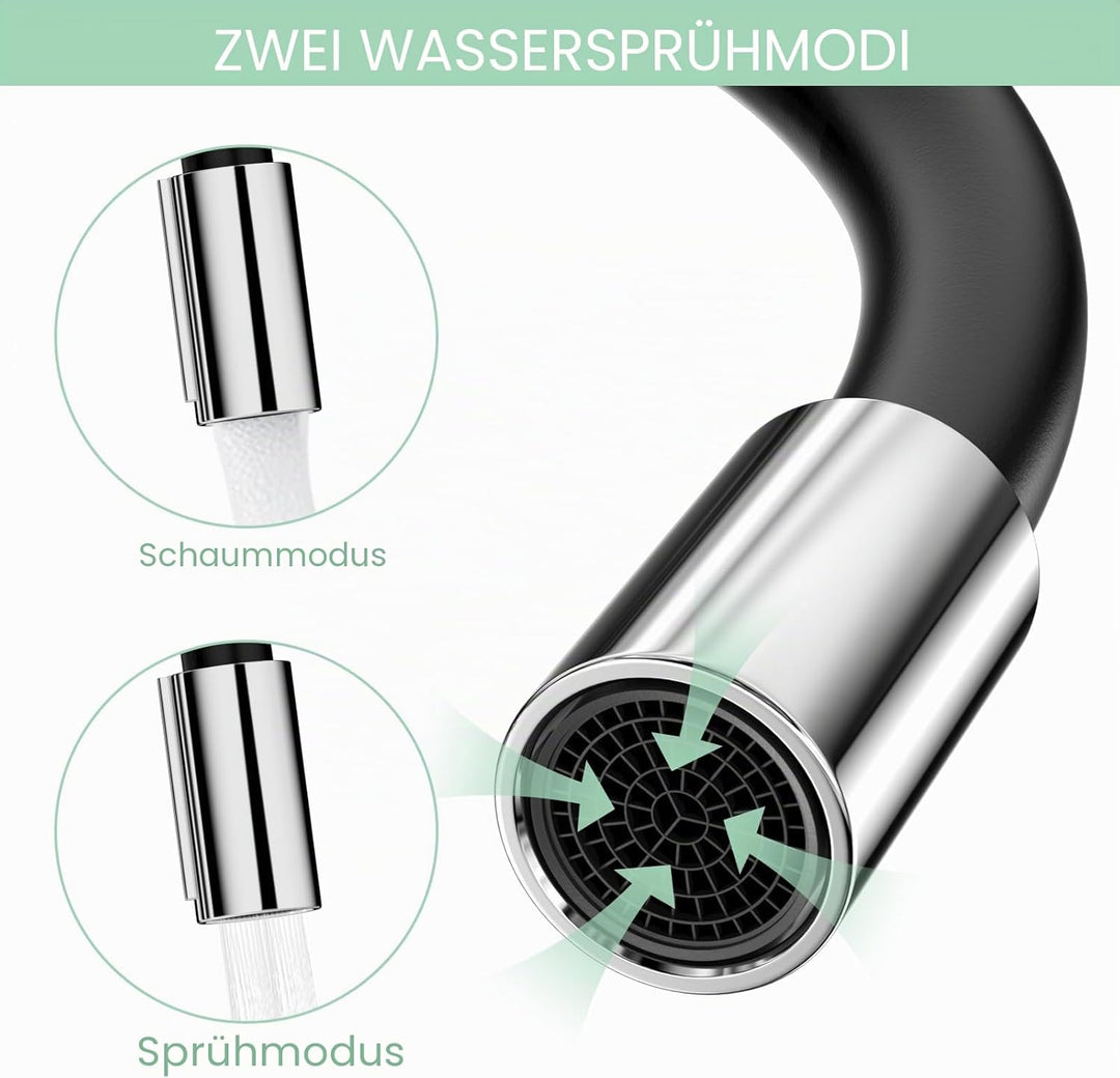 Wasserhahn Küche mit Flexibler Auslauf, Wasserhahn Küche Schwarz, Spültischarmatur 360° Drehbar, Küc