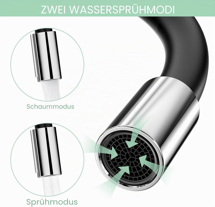 Wasserhahn Küche mit Flexibler Auslauf, Wasserhahn Küche Schwarz, Spültischarmatur 360° Drehbar, Küc
