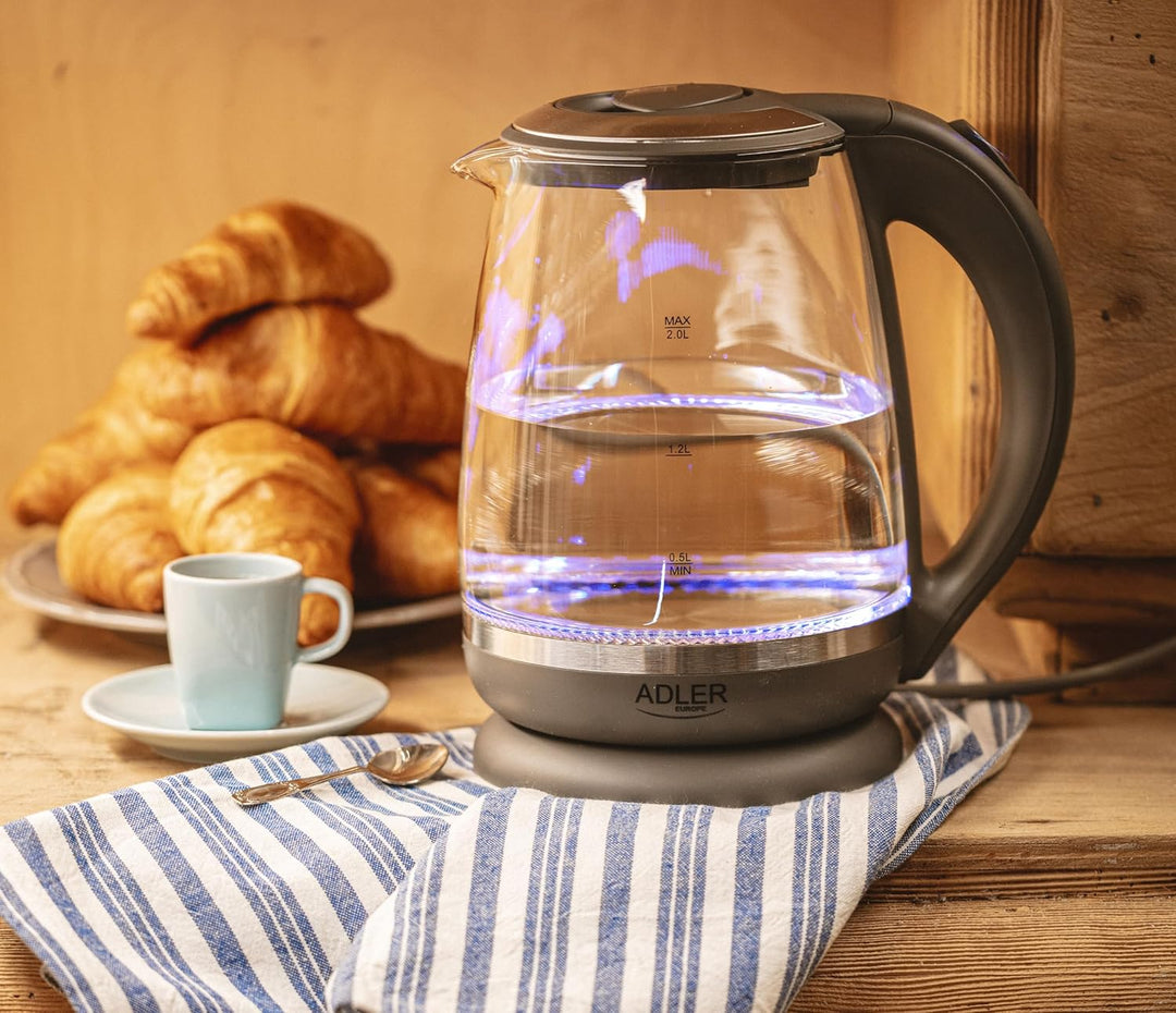 Adler AD 1286 Wasserkocher aus Glas und Kunstoff, 2L, 2000 W, LED Beleuchtung, Glaswasserkocher für