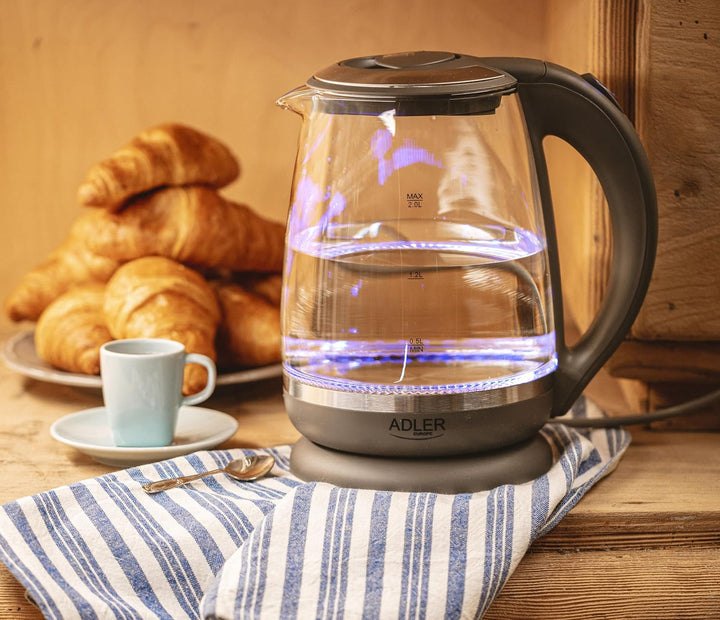 Adler AD 1286 Wasserkocher aus Glas und Kunstoff, 2L, 2000 W, LED Beleuchtung, Glaswasserkocher für