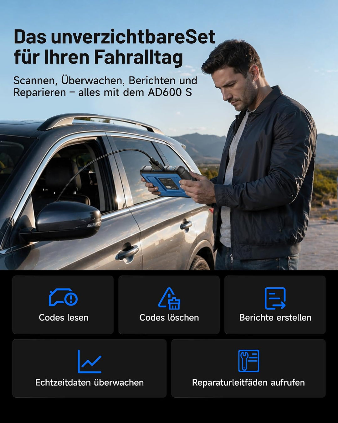 TOPDON AD600S OBD2 Diagnosegerät,8 Reset-Services für Öl,BMS,ABS,SAS,elektrische Parkbremse,Russpart