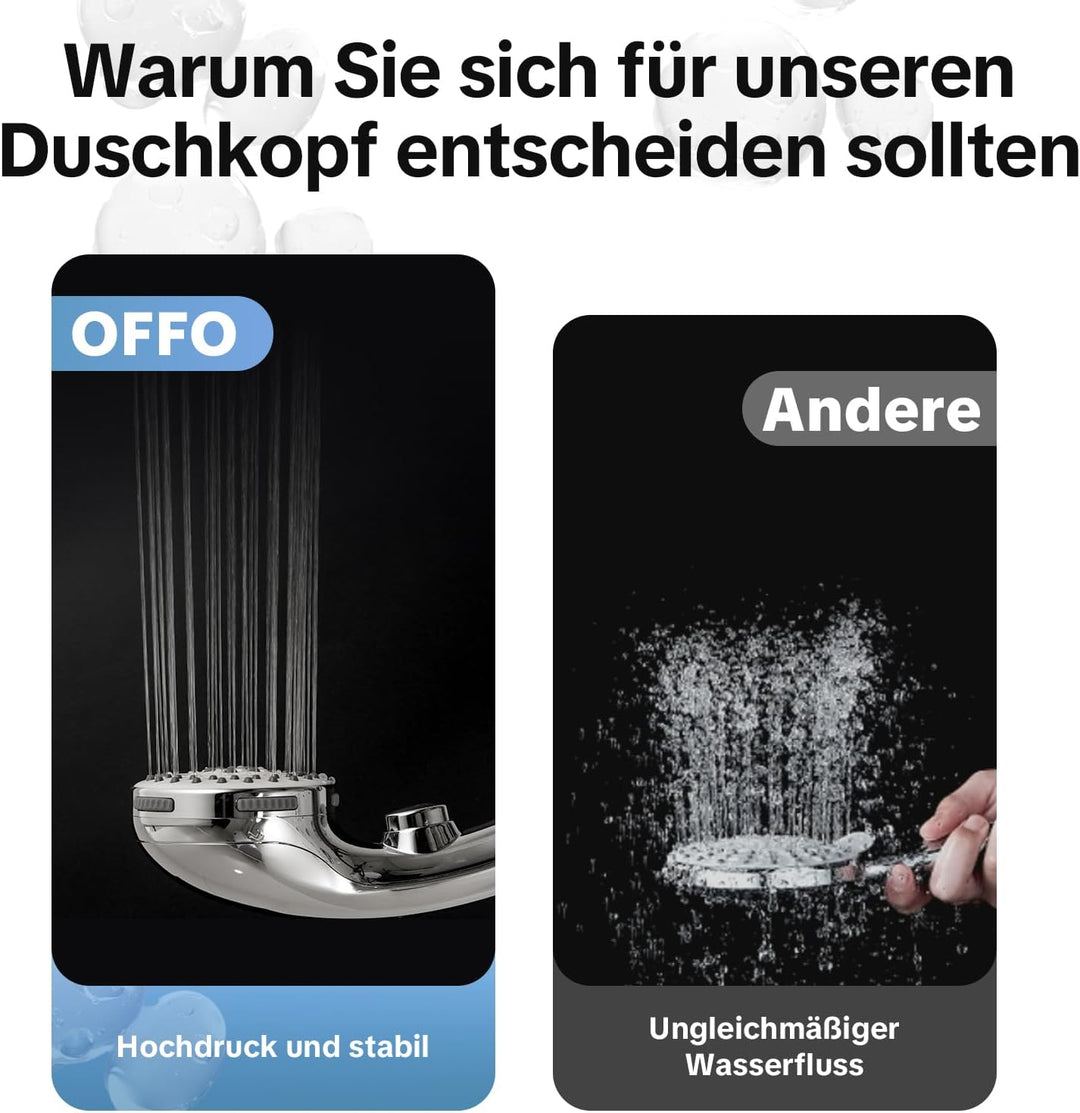 OFFO Duschkopf mit Duschschlauch 1,6m, Stoppfunktion Brausekopf Dusche mit 5 Strahlarten, Wasserspar