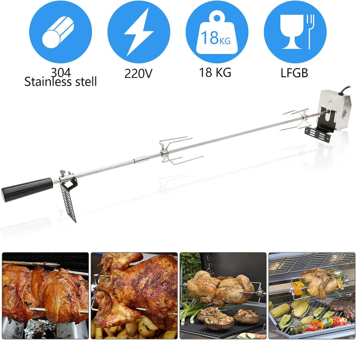 Grillspiess Set, 107cm Drehspiess mit 2X Fleischnadeln, Grillspiess mit Edelstahl Motor, 220V - 240V