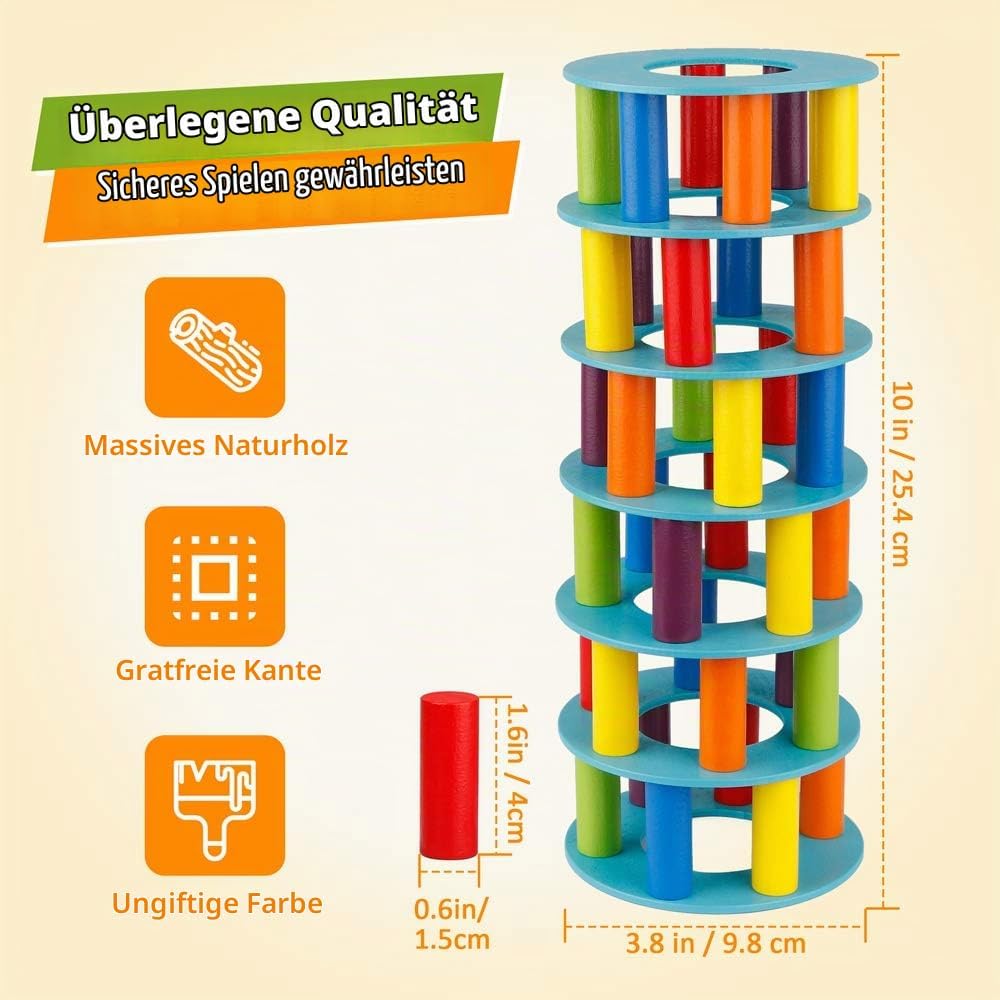 Coogam Hölzern Turm Stapelspiel, Feinmotorik-Bausteine mit Würfeln Schiefer Turm Spielzeug Montessor