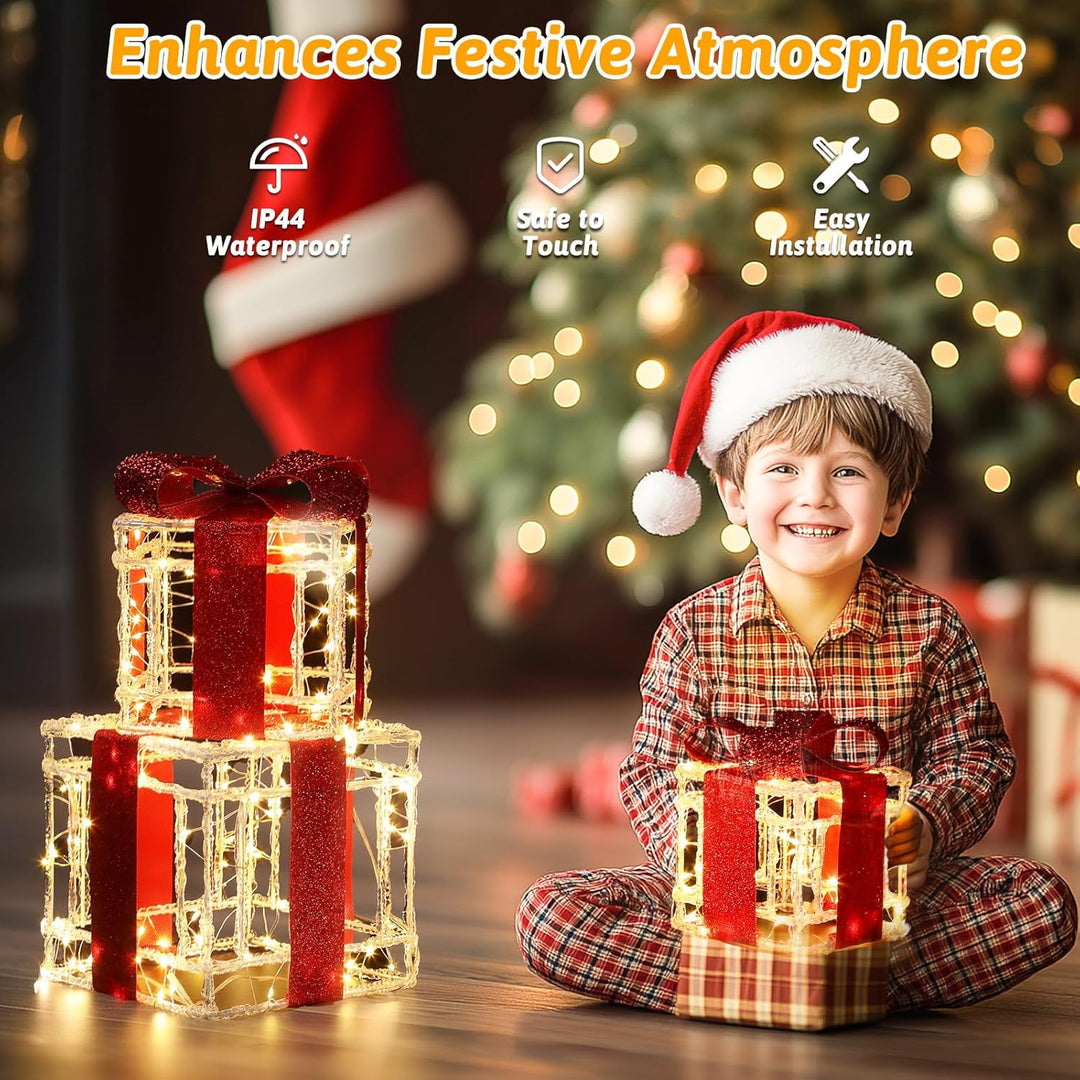 Quntis 3 Set LED Geschenkbox Weihnachten, 215 warmweisse LED beleuchtete Boxen, Weihnachtsdeko Innen
