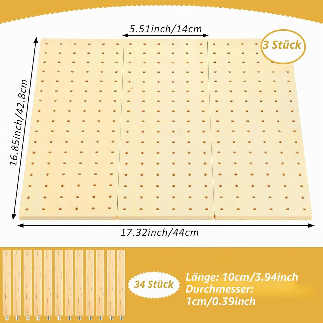 Stecktafel Schublade Organiser, 3 Stück Holz Peg Board System mit 34 Holzstab, Einstellbare Holz Tel