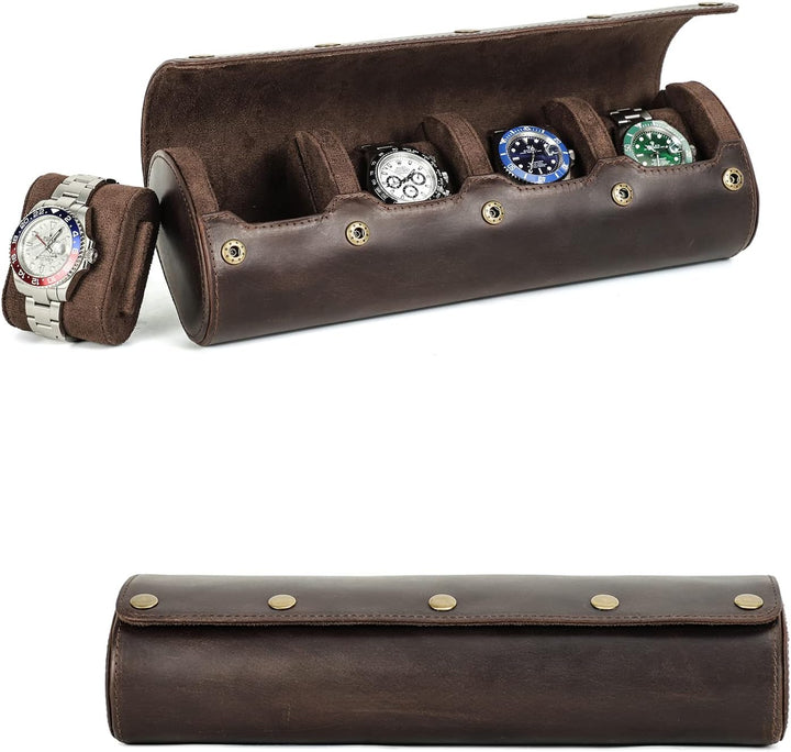 Hiram Uhren-Reiseetui für 4 Uhren, echtes Leder, Aufbewahrungsbox, Schiebekissen-Design, tragbarer U