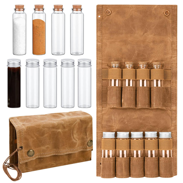 LEKEFETO Tragbare Gewürztasche aus Segeltuch mit 9 Gewürzgläsern, Camping Gewürzset für Outdoor, BBQ