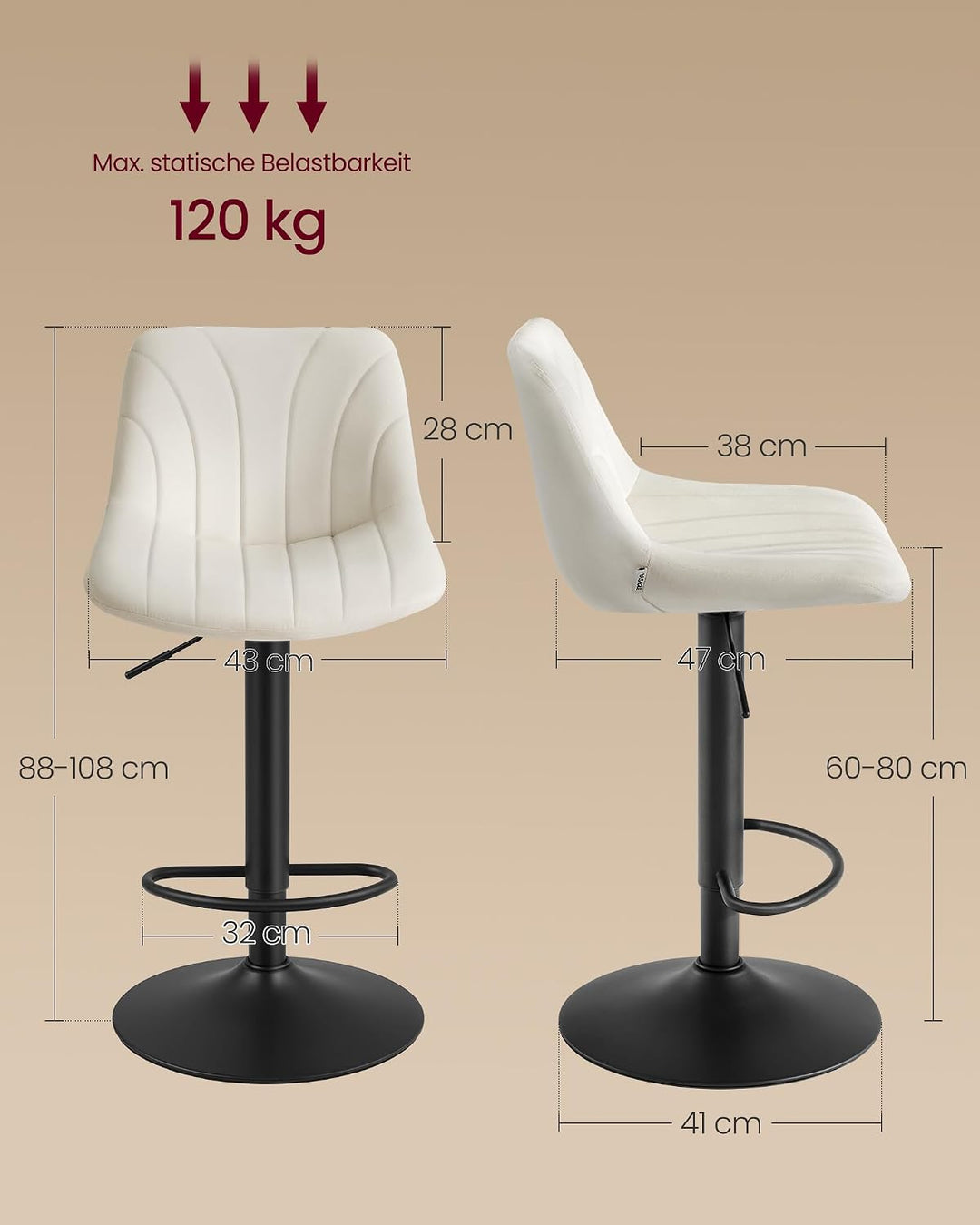 VASAGLE Barhocker 2er Set, drehbar, höhenverstellbar, Samt Cremeweiss Samt, Cremeweiss Samt