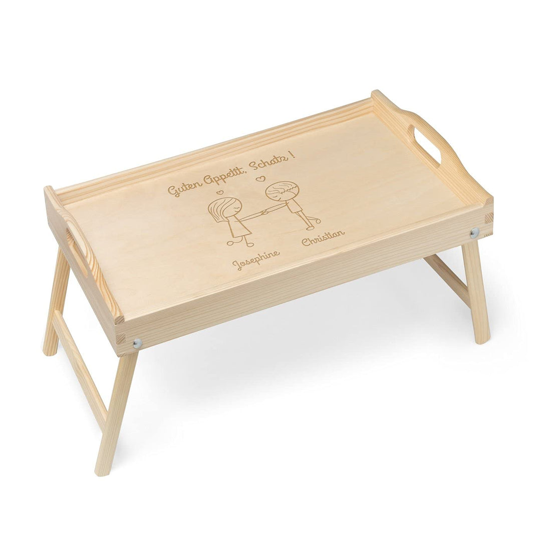 Maverton Serviertablett mit Gravur - für Zwei - Tabletttisch mit Griffen - klappbare Beine - erhöhte