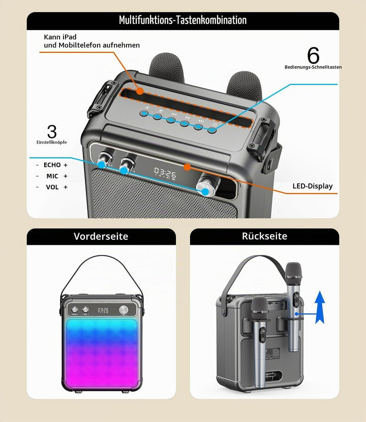 Karaoke Maschine mit 2 Mikrofonen, tragbarer Bluetooth Karaoke System mit LED Lichtern, Stereo TWS,