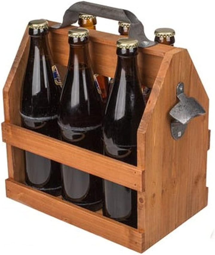 Retro Bierträger für 6 Flaschen 0,5 L Holz mit Metall Flaschenöffner Flaschenhalter Flaschenträger f