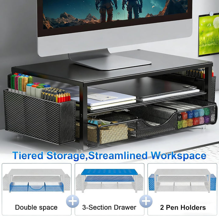 Monitorständer mit Schublade, Schreibtischorganizer und Zubehör, 2-stufiger Computer Monitor Erhöhun