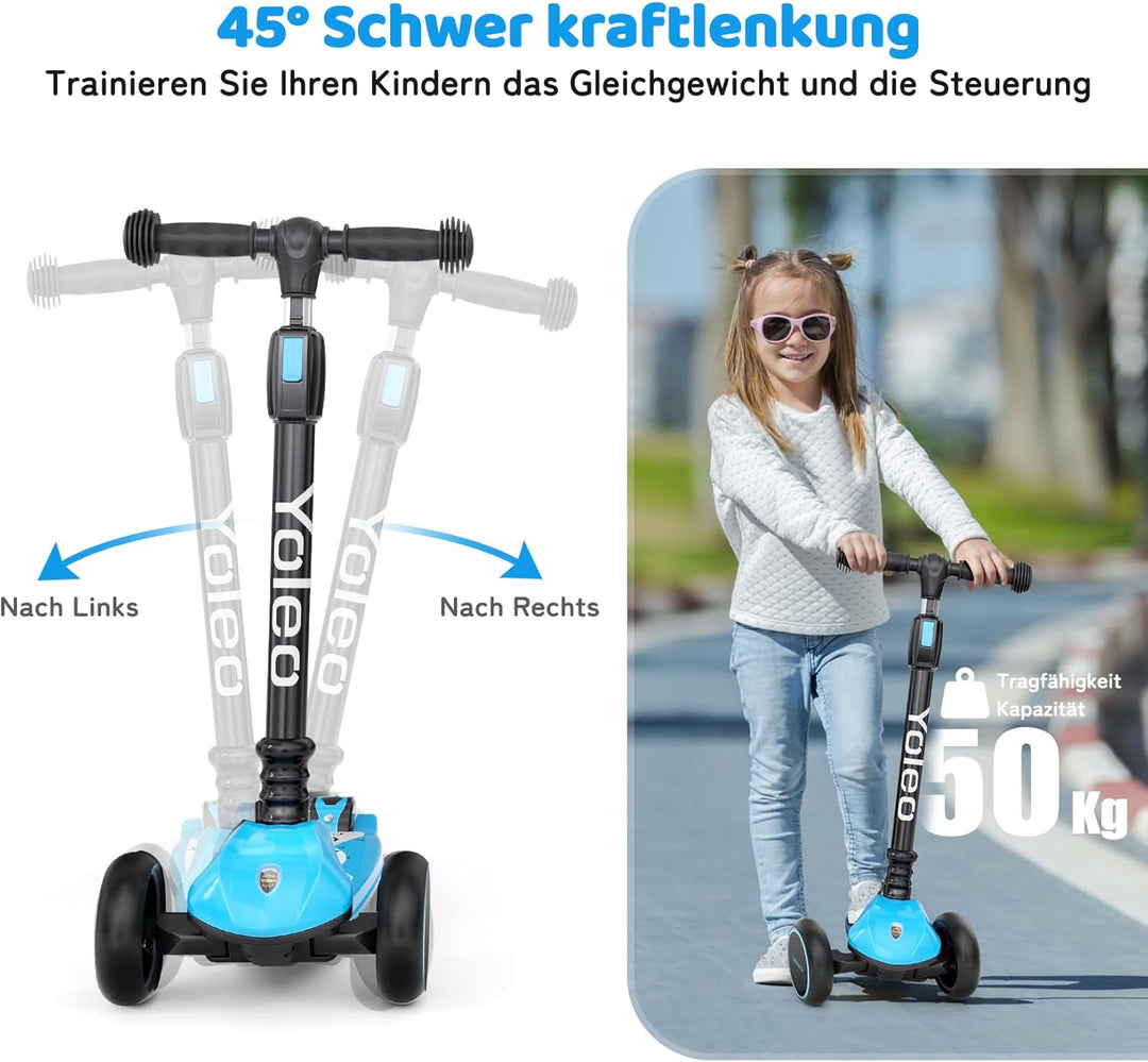 YOLEO Kinderoller Kinderscooter Dreiradscooter mit LED Räder, 2-Rädern Hinterbremsen,4 Höhenverstell