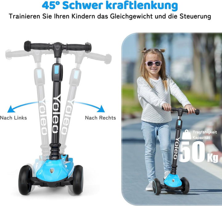YOLEO Kinderoller Kinderscooter Dreiradscooter mit LED Räder, 2-Rädern Hinterbremsen,4 Höhenverstell
