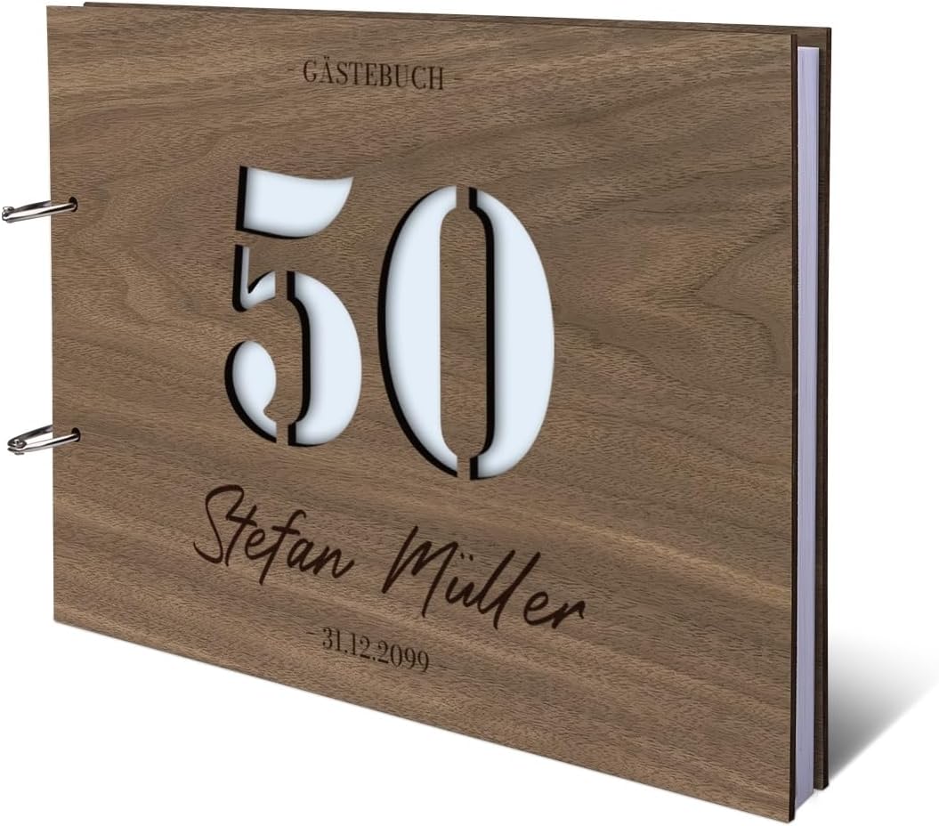 Individuelles Gästebuch zum 50. Geburtstag – Echtes Holz mit Persönlicher Gravur, Zahl ausgestanzt –
