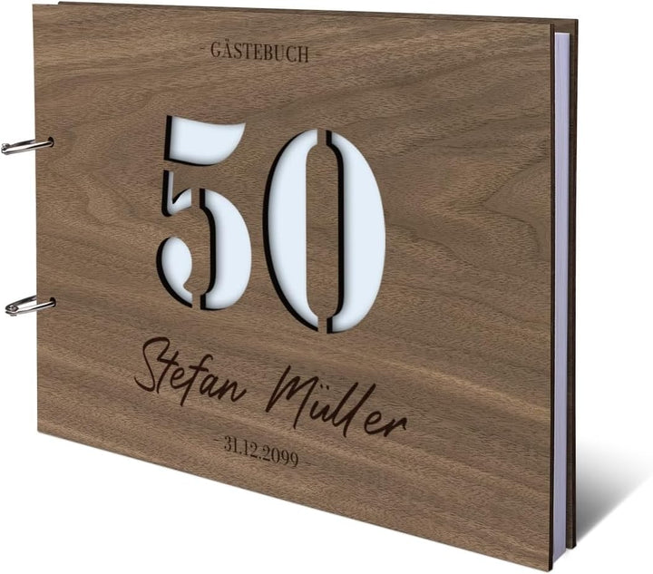 Individuelles Gästebuch zum 50. Geburtstag – Echtes Holz mit Persönlicher Gravur, Zahl ausgestanzt –