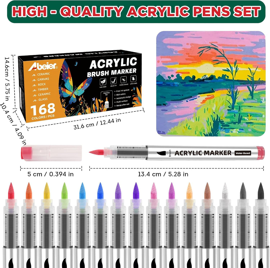 ABEIER 168 Farben Acrylstifte Set für Steine Wasserfest Brush Tip Acrylic Pens Set, Acrylmarker Schn