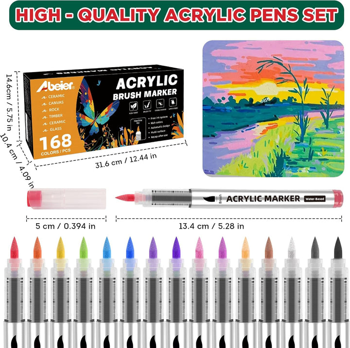 ABEIER 168 Farben Acrylstifte Set für Steine Wasserfest Brush Tip Acrylic Pens Set, Acrylmarker Schn