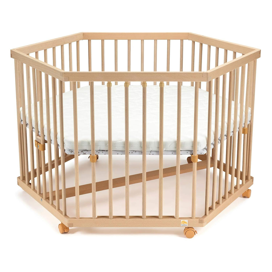 FabiMax Baby Laufgitter 6-eck, stufenlos höhenverstellbar, mit Schlupfsprossen, Laufstall aus massiv