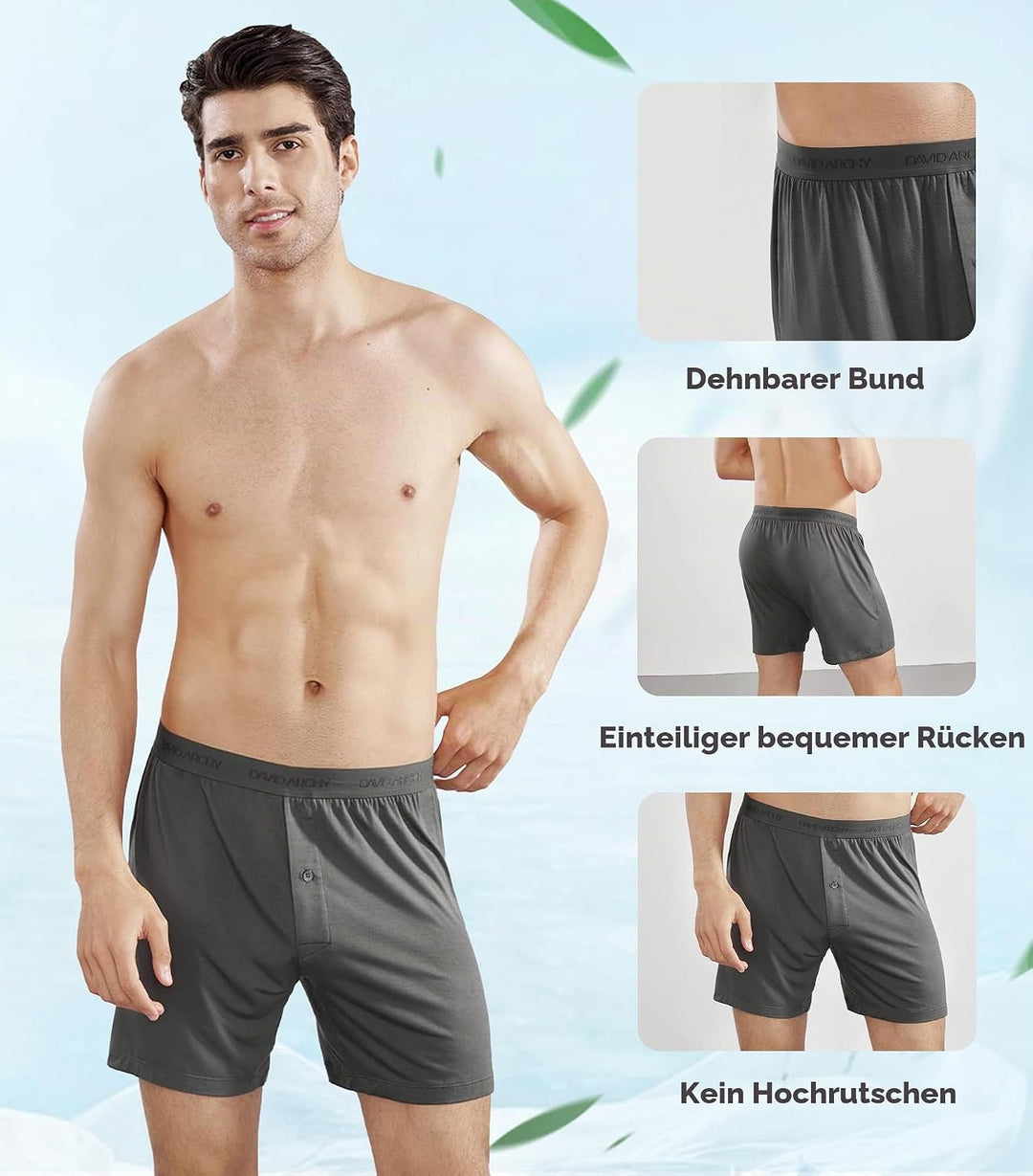 DAVID ARCHY Herren-Unterwäsche Atmungsaktive Bamboo Rayon Superweiche Boxershorts im 3er-Pack XL Gra