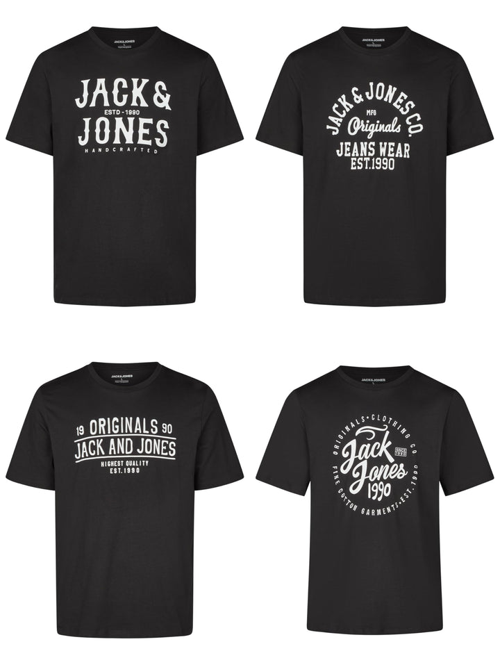 JACK & JONES JJLINO T-Shirt 4er Pack Rundhals Kurzarm Shirt Regular Fit Print Sommer 100% Baumwolle