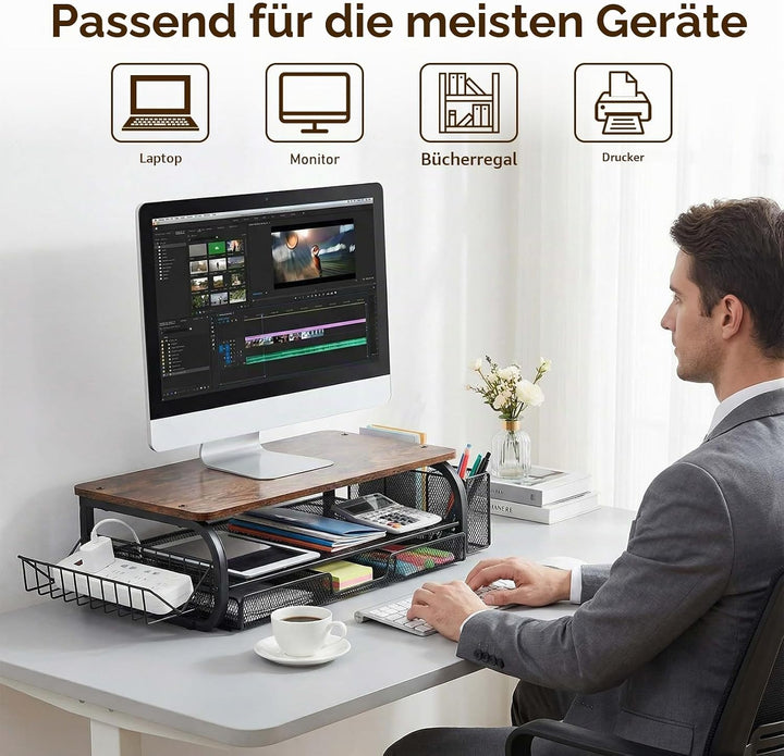 Monitorständer Holz, Monitorständer mit Schublade, Bildschirmerhöhung, Monitorständers mit 2 Ebenen,