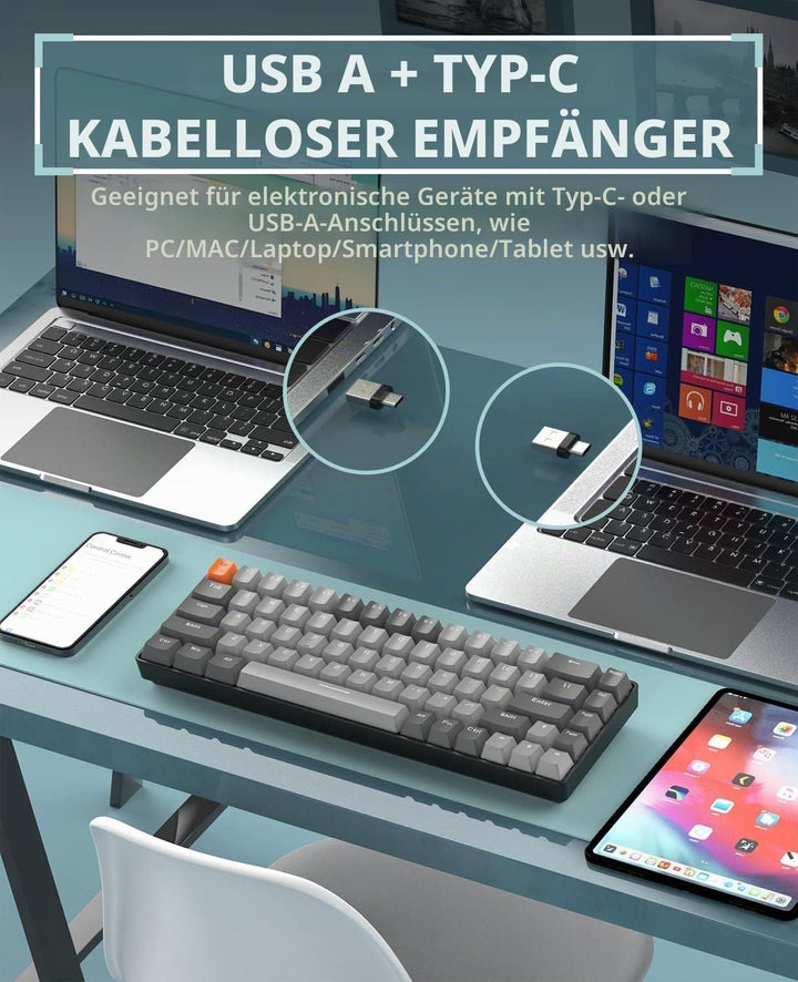 YINDIAO K68 60% Kabellose Mechanische Gaming Tastatur,Bluetooth 5.0/2,4 GHz,Kompakte 68 Tasten Mini