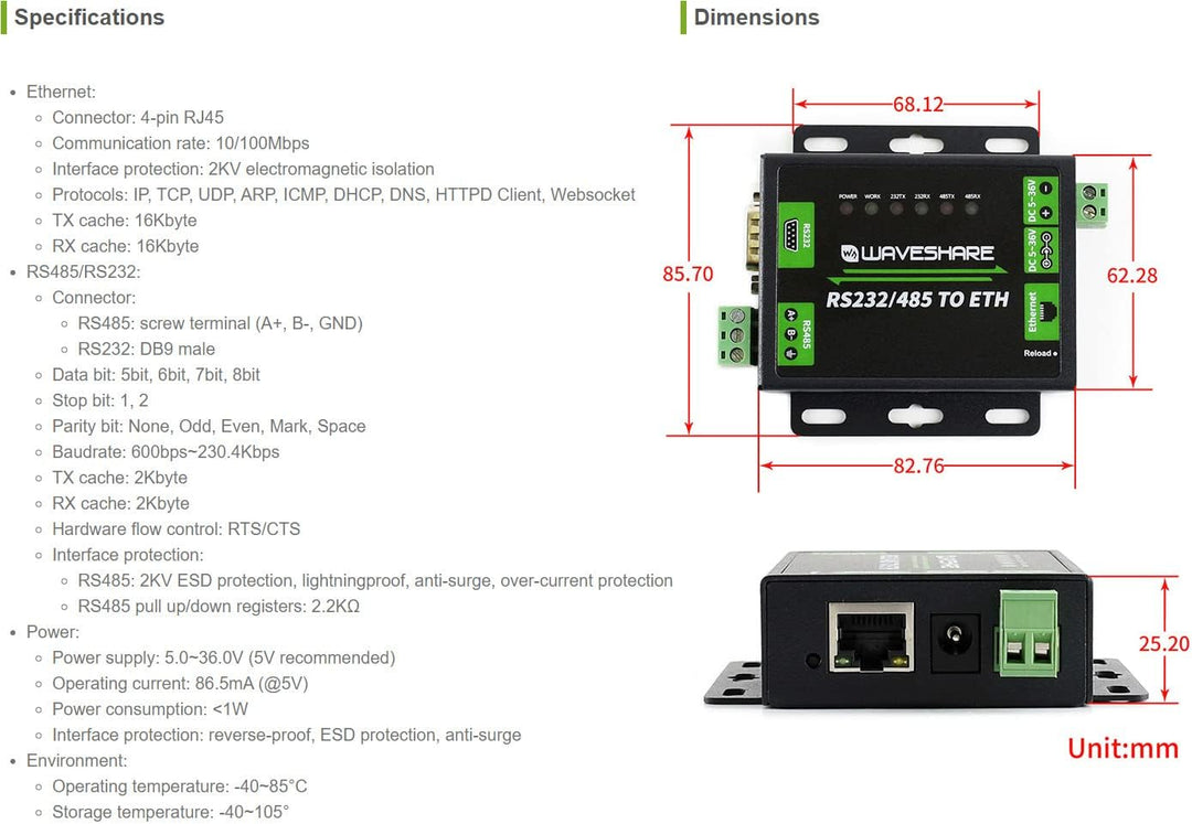 Waveshare Industrial RS232/RS485 to Ethernet Converter Dual Serial Ports TCP Server TCP Client UDP S