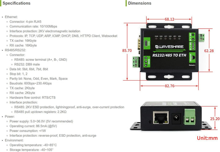 Waveshare Industrial Converter RS232 or RS485 to Ethernet Enables Bi-Directional Transparent Data Tr